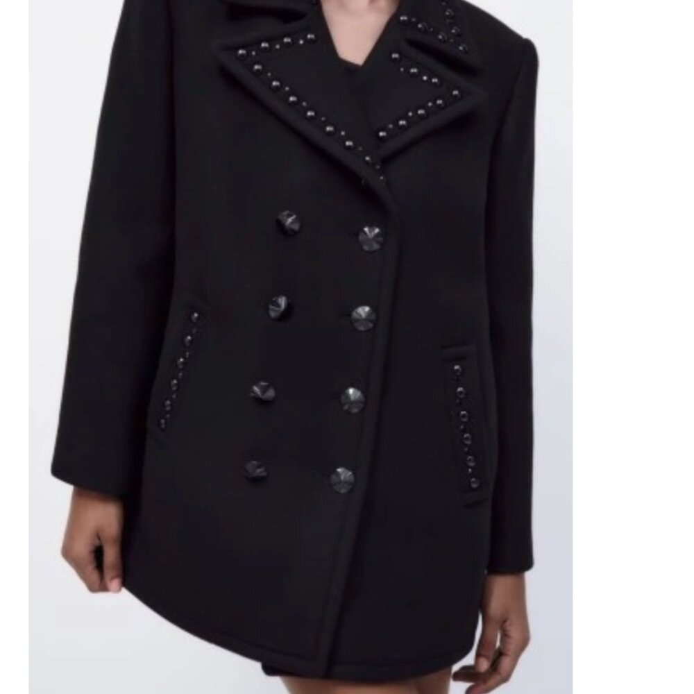 Zara Smart Manteco Wool Blend Coat - Black Studded Details - Size XS